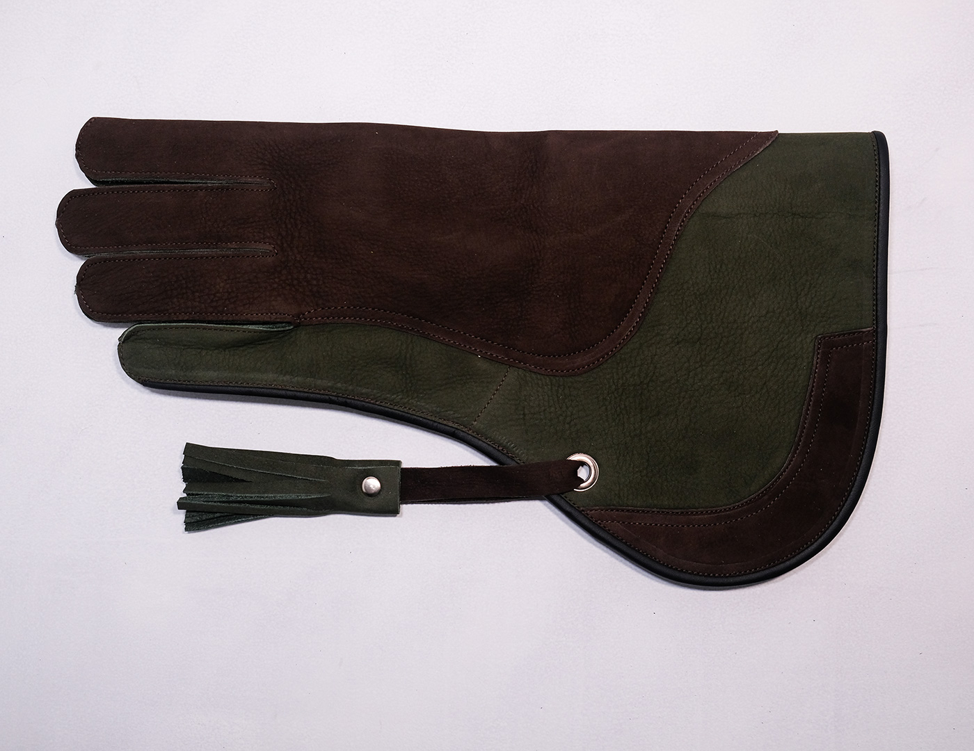 Dark Brown Velvet Leather Falconry Glove with Green Velvet Base Handmade 