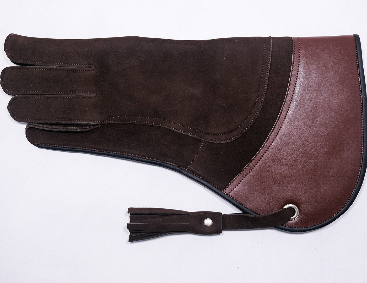 Guante de Cetrería de Cuero Aterciopelado Marron Oscuro Con Diseño Marron Claro Hecho a Mano 