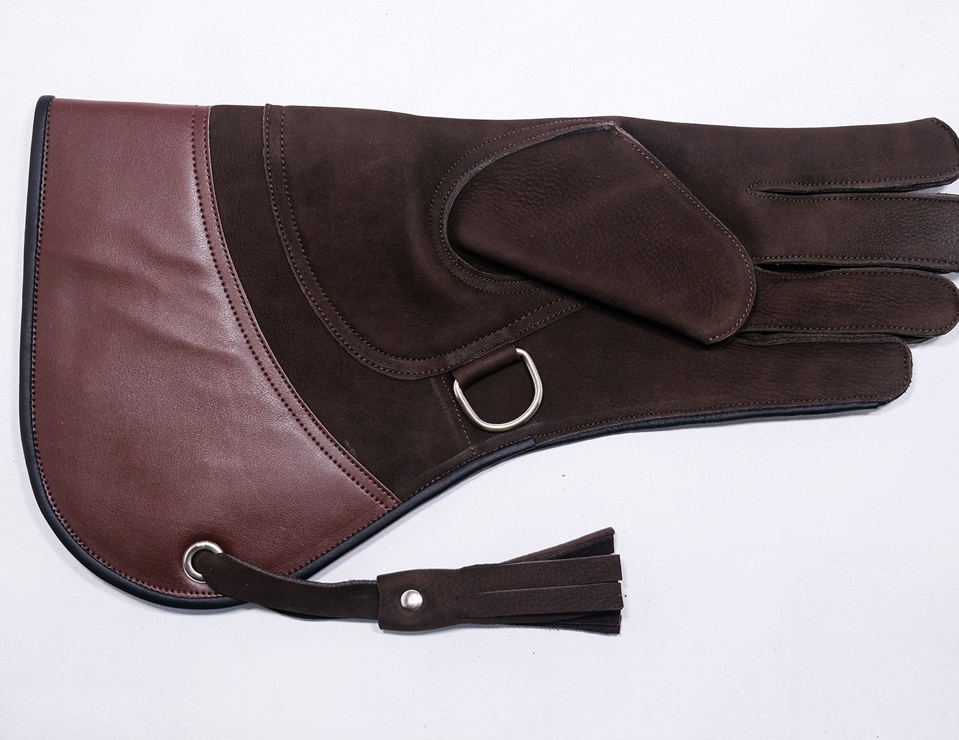 Guante de Cetrería de Cuero Aterciopelado Marron Oscuro Con Diseño Marron Claro Hecho a Mano 