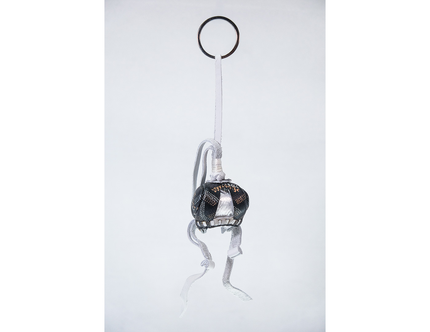 Black Falconry Hood Keychain with Handmade White and Brown Dot Design 