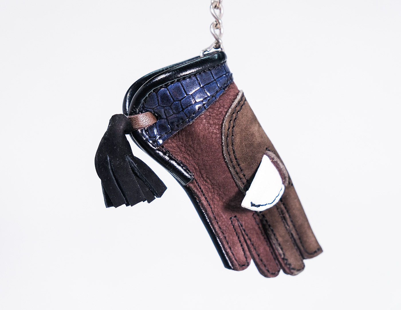 Velvety Brown Falconry Glove Keyring with White Thumb and Blue Band with Handmade Crocodile Skin Design