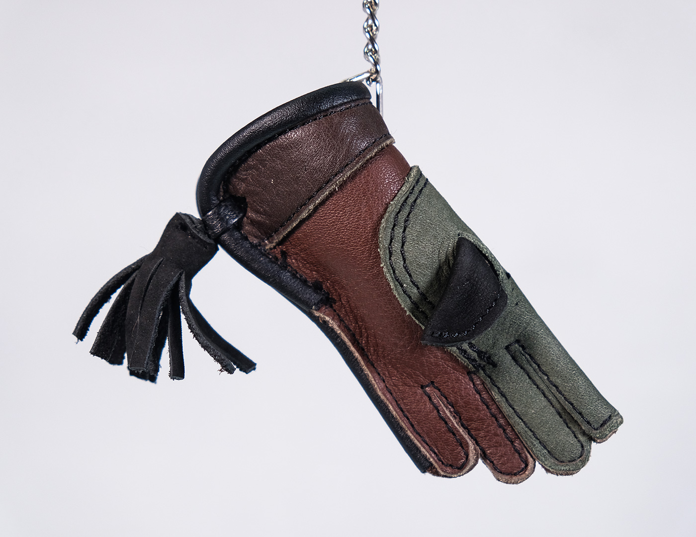 Brown Falconry Glove Keyring with Black Thumb and Green Camouflage Index and Middle Fingers Handmade 