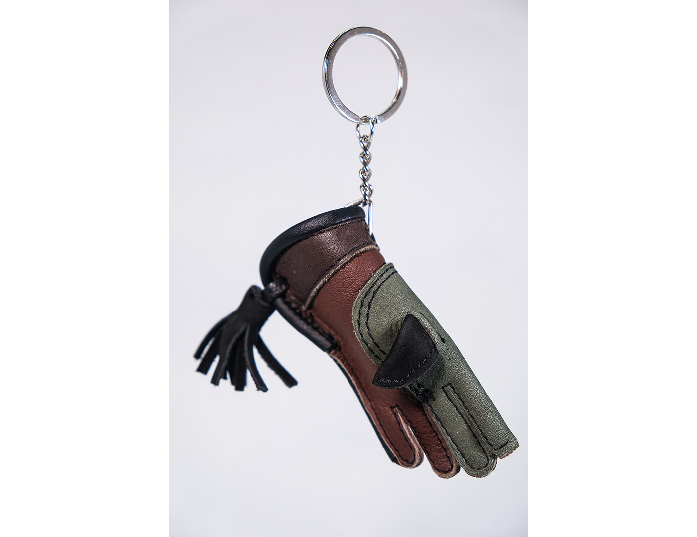 Brown Falconry Glove Keyring with Black Thumb and Green Camouflage Index and Middle Fingers Handmade 
